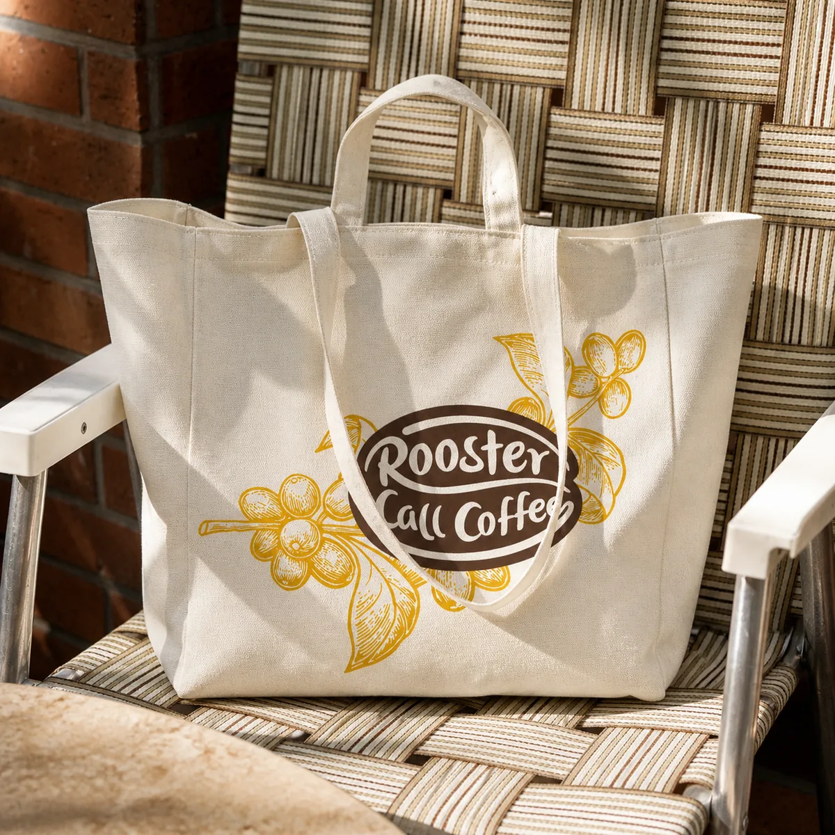 Aplicaciones de marca Rooster Call Coffee en cafetería y merchandising.